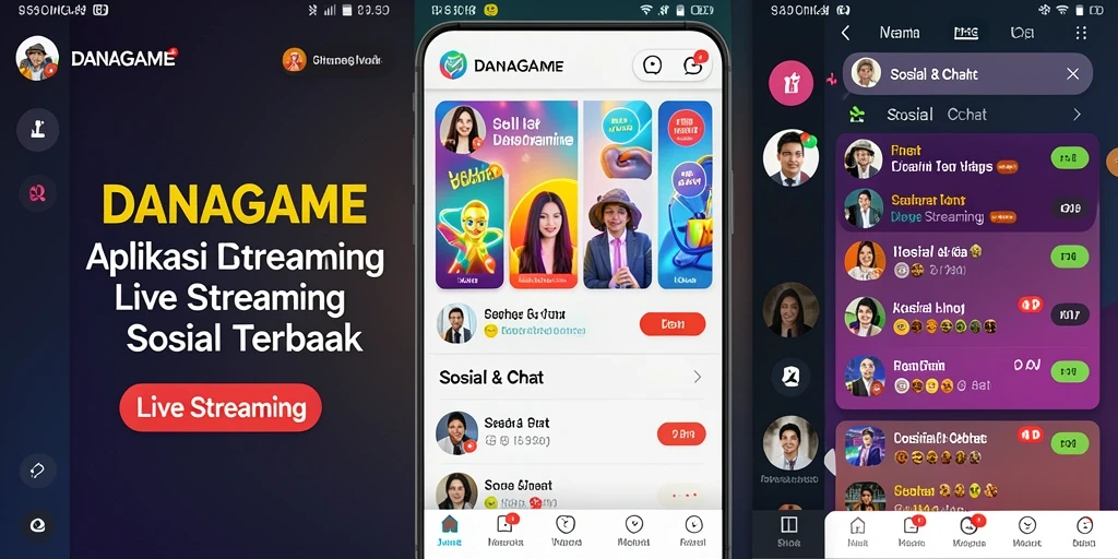 Antarmuka utama aplikasi DANAGAME dengan fitur live streaming yang menarik.