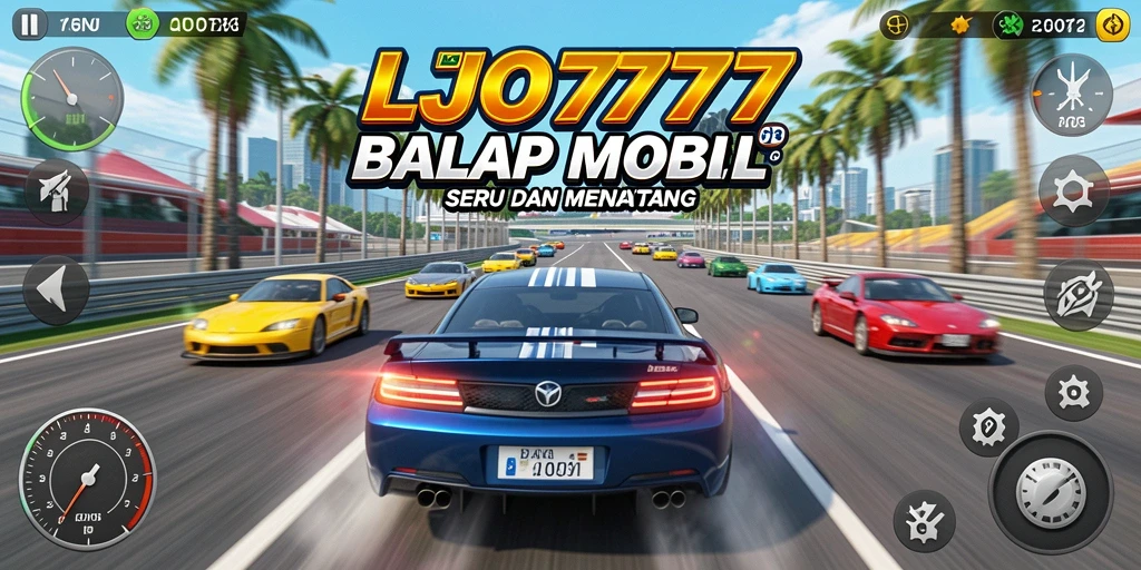 Screenshot antarmuka LJO777 menampilkan aksi balap yang menegangkan.