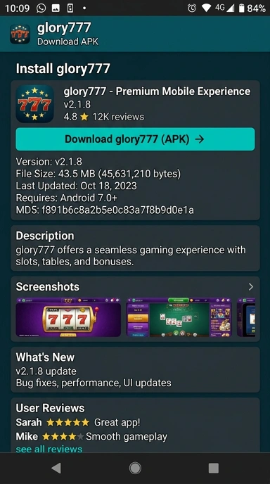 Tampilan halaman APK glory777